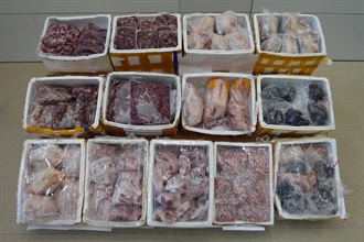 Hong Kong Customs mounted an operation against the illegal importation of frozen meat codenamed "Ice Breaker" with Mainland Customs between April and May 2024. During the operation, Hong Kong Customs detected two suspected illegal importations of frozen meat cases. A total of about 1 200 kilograms of suspected illegally imported frozen meat with a total estimated market value of about $72,000 were seized. Photo shows some of the illegally imported frozen meat seized.