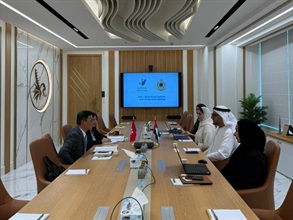 The Assistant Commissioner (Excise and Strategic Support) of Customs and Excise, Mr Rudy Hui (first left), met with the Director of International Customs Relations of the Federal Authority for Identity, Citizenship, Customs and Port Security of the United Arab Emirates, Mr Suoud Salem AlAgroobi (second right), to strengthen co-operation and explore more collaboration opportunities.