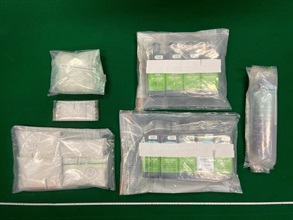 Hong Kong Customs yesterday (July 2) seized about 5.5 kilograms of suspected cannabis oil, about 900 grams of suspected ketamine and about 600g of suspected methamphetamine, with a total estimated market value of about $1.2 million, in Fotan. Photo shows the suspected dangerous drugs seized.