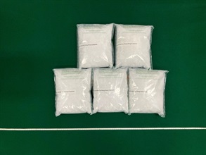Hong Kong Customs seized about 5.1 kilograms of suspected methamphetamine with an estimated market value of about $2.5 million at the Kwai Chung Customhouse Cargo Examination Compound on June 25. Photo shows the suspected methamphetamine seized.