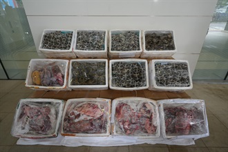 Hong Kong Customs mounted the second phase of the operation against food smuggling, codenamed "Ice Breaker", with Mainland Customs between August and September 2024. During the operation, Hong Kong Customs detected six relevant cases and seized a batch of smuggled or regulated food items, including approximately 260 kilograms of frozen meat, 170kg of hairy crabs and 600 eggs, with an estimated total value of about $200,000. Photo shows the smuggled frozen meat and hairy crabs seized.