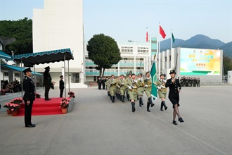 Hong Kong Customs held a graduation parade for the Customs Youth Leader Corps Winter Training Camp 2024 and "YES Buddy" AI Robot Launching Ceremony at the Hong Kong Customs College today (December 27). Photo shows graduates performing the Chinese-style foot drill.