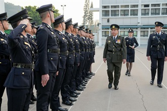 Hong Kong Customs held a graduation parade for the Customs Youth Leader Corps Winter Training Camp 2024 and "YES Buddy" AI Robot Launching Ceremony at the Hong Kong Customs College today (December 27). Photo shows the Executive Director of the Executive Committee of Customs YES, Dr Eugene Chan, inspecting the graduates.