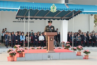 Hong Kong Customs held a graduation parade for the Customs Youth Leader Corps Winter Training Camp 2024 and "YES Buddy" AI Robot Launching Ceremony at the Hong Kong Customs College today (December 27). Photo shows the Executive Director of the Executive Committee of Customs YES, Dr Eugene Chan, delivering a speech at the graduation parade.